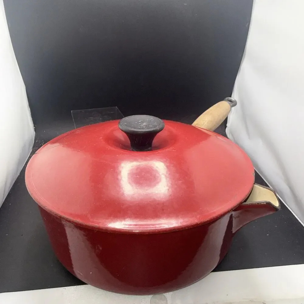 Le Creuset #22 Red Enameled Cast Iron Saucepan Pot w Lid Wood Handle France